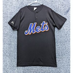 VTG NY Mets Majestic Baseball Henley Shirt Size M Spellout Logo MLB Fan Black
